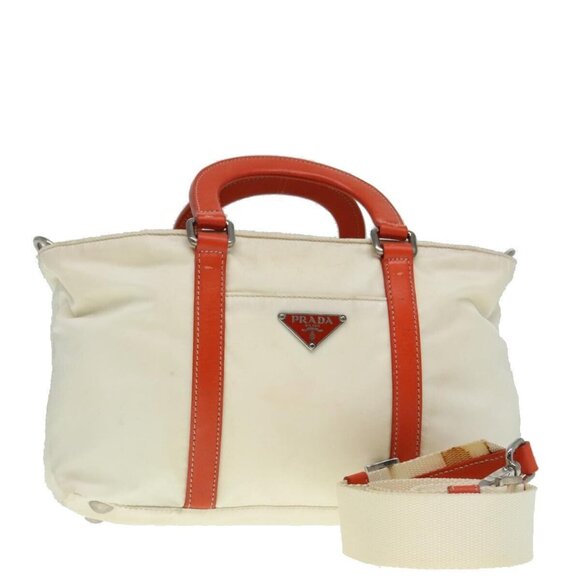PRADA Hand Bag Nylon 2way Cream Silver Auth 89096 - Picture 1 of 16